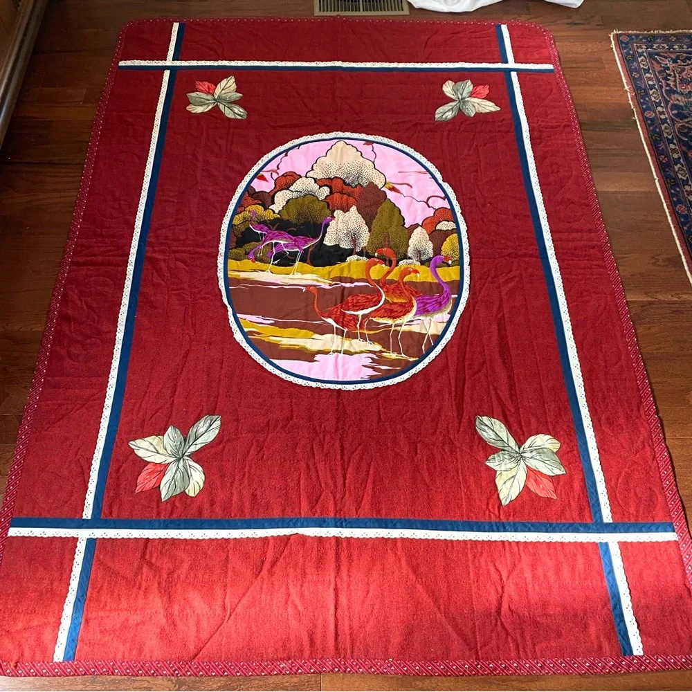 Vtg MCM Handmade Quilt Bedspread Bright Cranes Birds Maroon Wool Floral 58”x82”